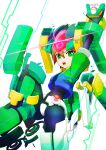  1girl absurdres aile_(mega_man_zx) arm_up biometal black_bodysuit blue_jacket bodysuit breasts brown_hair crop_top cropped_jacket crotch_plate forehead_jewel glint glowing green_eyes green_jacket guchagucha helmet henshin henshin_pose highres holding jacket leg_up medium_breasts mega_man_(series) mega_man_x_(series) mega_man_x_dive mega_man_zx model_h_(mega_man) model_hx_(mega_man) open_clothes open_jacket short_hair skin_tight transformation white_background 