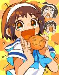 1girl blush brown_eyes brown_hair closed_eyes crying crying_with_eyes_open food fruit hairband holding holding_food holding_fruit konjiki_no_gash!! looking_at_viewer mizuno_suzume open_mouth school_uniform short_hair smile solo taoru_(towtowru) tears upper_body 