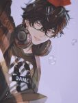  1boy amamiya_ren arm_up black_hair bubble commentary_request glasses gloves grey_background grey_eyes hair_between_eyes headphones headphones_around_neck looking_at_viewer male_focus parted_lips persona persona_5 persona_5:_dancing_star_night persona_dancing red_gloves sageo_yn short_hair simple_background smile solo upper_body 