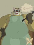 2024 absurd_res anthro apron clothing dialogue hi_res lilyaaxxy male mammal musclegut muscular nipples overweight overweight_male procyonid raccoon rascal_(robot_dreams) robot_dreams simple_background solo spanish_text text