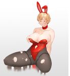  1girl absurdres animal_ears arm_behind_back bare_shoulders black_pantyhose blonde_hair blush breasts cleavage clothing_cutout collarbone commentary earrings english_commentary fake_animal_ears full_body gradient_background highres jewelry large_breasts leotard looking_at_viewer navel_cutout original pantyhose playboy_bunny red_eyes red_leotard short_hair simple_background solo sovietex spread_legs strapless strapless_leotard thighband_pantyhose torn_clothes torn_pantyhose 