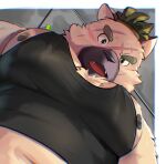  1boy animal_ears bara belly black_tank_top brown_fur dog_boy dog_ears fangs foreshortening from_below furry furry_male green_hair highres large_pectorals light_blush looking_at_viewer looking_down male_focus meme muscular muscular_male navel nipple_slip nipples open_mouth pectoral_cleavage pectoral_focus pectorals photo-referenced plump scar scar_on_face short_hair sidepec solo tank_top thick_eyebrows tokyo_afterschool_summoners upper_body yasuyori_(housamo) yeminthura29985 yur_oc_like_this_(meme) 