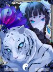  1girl black_hair blue_eyes blue_theme blush braid china_dress chinese_clothes dress goma_irasuto hand_fan highres hime_cut looking_at_viewer original signature single_braid smile solo tiger white_tiger yin_yang 