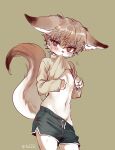  1boy animal_ears black_shorts bright_pupils brown_hair claws clothes_lift clothes_pull commission dolphin_shorts ears_down english_commentary fox_boy fox_ears fox_tail furry furry_male go_(1o22g) grey_background long_sleeves looking_at_viewer male_focus mouth_hold navel original red_eyes shirt_lift short_hair shorts shorts_pull simple_background solo sweat tail twitter_username white_pupils 