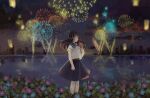  1girl aerial_fireworks black_hair black_skirt blue_eyes blue_flower blue_skirt brown_hair building candy_apple fireworks flower food highspeed_fujimori holding long_hair night night_sky original outdoors pleated_skirt reflection sailor_collar scenery school_uniform serafuku shirt short_sleeves skirt sky solo standing tree water white_shirt 