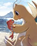  animal_focus beach blue_sky blurry blurry_background claws cloud colored_skin commentary_request dragon dragon_wings dragonite fish highres horns kaminokefusa no_humans orange_skin outdoors pokemon pokemon_(creature) single_horn sky tatsugiri tatsugiri_(curly) water wings 