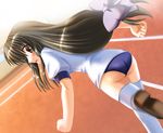  ass brown_eyes brown_hair buruma clannad gym_uniform hair_ribbon ibuki_fuuko long_hair otoki_raku ribbon running solo thighhighs very_long_hair 