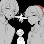  1girl 2boys ^_^ agata120 akechi_gorou amamiya_ren closed_eyes collared_shirt cup drinking_straw drinking_straw_in_mouth glasses greyscale holding holding_cup lightning_glare long_hair monochrome multiple_boys necktie open_mouth persona persona_5 persona_5_the_royal ponytail rivalry shirt simple_background spot_color upper_body yoshizawa_sumire 