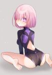  1girl absurdres ass back_cutout bare_legs barefoot black_leotard blush clothing_cutout fate/grand_order fate_(series) feet_out_of_frame from_behind grey_background hair_over_one_eye harukappa highres leotard looking_at_viewer mash_kyrielight open_mouth pink_eyes pink_hair purple_leotard short_hair sitting soles solo straight_hair two-tone_leotard wariza 
