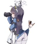  1girl animal animal_ears ass binoculars bird black_hair blue_archive blue_serafuku blue_skirt blush cowboy_shot earpiece fake_animal_ears flying_sweatdrops grey_halo gun halo highres holding holding_binoculars leaf leaf_on_head long_hair long_sleeves miyu_(blue_archive) open_mouth panties panties_under_pantyhose pantyhose pleated_skirt rabbit_ears red_eyes school_uniform serafuku simple_background skirt solo sparrow ttubbip two-tone_skirt underwear weapon white_background white_panties white_pantyhose white_skirt 