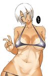  bikini breasts breasts_apart enoshima_iki green_eyes head_tilt isabella_valentine large_breasts looking_at_viewer navel one-piece_tan short_hair shy side-tie_bikini simple_background solo soulcalibur swimsuit tan tanline trembling v white_background white_hair 