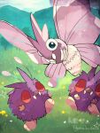  animal_focus antennae bug commentary_request compound_eyes evolutionary_line grass hanabusaoekaki highres moth mountain no_humans outdoors pokemon pokemon_(creature) red_eyes venomoth venonat wings 