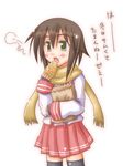  artist_request fang fingerless_gloves food gloves kusakabe_misao lowres lucky_star scarf solo taiyaki thighhighs translated wagashi 