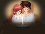  1girl blanket brown_hair candle couple cuddling green_eyes hairband hetero oldschool red_hair table topless 