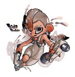  1boy agent_8_(splatoon) bodysuit collarbone commentary_request copyright_name covered_navel dual_wielding earrings gradient_hair grey_hair gun holding holding_gun holding_weapon ink_tank_(splatoon) jewelry male_focus multicolored_hair octoling octoling_boy octoling_player_character open_mouth order_dualies_(splatoon) red_hair short_hair simple_background sleeveless sleeveless_bodysuit solo splatoon_(series) splatoon_3 splatoon_3:_side_order tentacle_hair thick_eyebrows two-tone_hair w0_tarou weapon white_background white_bodysuit 