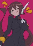  1girl absurdres aile_(mega_man_zx) black_bodysuit black_eyes blush bodysuit breasts brown_hair buzzlyears covered_collarbone covered_navel highres large_breasts licking_lips long_hair medium_breasts mega_man_(series) mega_man_zx mega_man_zx_advent no_pants no_shirt paid_reward_available pink_background ponytail robot_ears smile solo sweatdrop tongue tongue_out upper_body 
