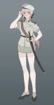  1girl absurdres belt black_bow black_footwear boots bow breasts cavalry_sword dangodes english_commentary full_body grey_background grey_hair hair_bow hand_in_own_hair hat highres layered_sleeves light_smile long_hair long_sleeves looking_at_viewer military military_hat military_uniform multicolored_hair original peaked_cap pink_hair red_eyes sheath sheathed shirt shoes short_over_long_sleeves short_sleeves simple_background skirt smile solo standing streaked_hair sword thighhighs uniform weapon zettai_ryouiki 