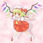  alternate_breast_size artist_request ascot blonde_hair bobby_socks bow breasts crystal drop_shadow eyebrows_visible_through_hair fang flandre_scarlet frilled_shirt_collar frills full_body hat hat_bow large_breasts legs_apart looking_at_viewer mary_janes mob_cap one_side_up open_mouth outstretched_arms pink_background puffy_short_sleeves puffy_sleeves red_bow red_eyes red_footwear red_skirt shirt shoes short_sleeves skirt skirt_set slit_pupils smile socks solo spread_arms taut_clothes taut_shirt touhou white_legwear wings yellow_neckwear 