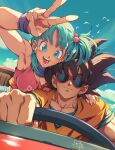  1boy 1girl aqua_hair blue_eyes blue_sky breasts bulma car cleavage dougi dragon_ball driving hair_bobbles hair_ornament hand_on_another&#039;s_shoulder highres looking_at_viewer marc_brunet motor_vehicle open_mouth pink_shirt shirt side_ponytail sky smile son_goku sunglasses v wristband 