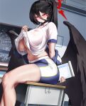  1girl absurdres between_breasts black_hair black_wings blue_archive blush breasts choker classroom clipboard clothes_lift commentary_request feathered_wings gym_shirt gym_shorts hair_between_eyes halo hasumi_(blue_archive) hasumi_(track)_(blue_archive) highres huge_breasts long_hair navel official_alternate_costume ponytail red_eyes red_halo shirt shorts sitting solo stomach thighs underboob windovvs wings 
