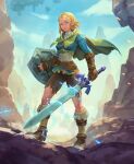  1girl blonde_hair blue_eyes blue_shirt boots braid brown_pants capelet crown_braid green_capelet hair_ornament hairclip highres holding holding_shield holding_sword holding_weapon hood hooded_capelet leather leather_boots lips looking_at_viewer marc_brunet master_sword pants pointy_ears princess_zelda shield shirt short_hair solo standing sword the_legend_of_zelda the_legend_of_zelda:_tears_of_the_kingdom torn_clothes torn_pants weapon 