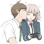  1boy 1girl 7cs_(congchuabuoito) ;o ahoge black_jacket black_shirt brown_hair cropped_torso danganronpa_(series) danganronpa_2:_goodbye_despair dress_shirt foreshortening galaga green_necktie grey_shirt handheld_game_console hinata_hajime holding holding_handheld_game_console jacket kiss kissing_cheek light_brown_hair medium_hair nanami_chiaki neck_ribbon necktie one_eye_closed open_clothes open_jacket pink_eyes pink_ribbon ribbon shirt short_hair sideways_glance white_shirt 