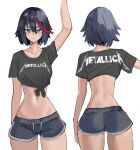  1girl absurdres alternate_costume ass black_hair black_shirt blue_shorts breasts collarbone cowboy_shot crop_top from_behind grey_background highres looking_at_viewer matoi_ryuuko medium_breasts metallica multicolored_hair multiple_views red_hair shirt short_shorts short_sleeves shorts simple_background smile tefi_blum two-tone_hair 