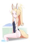  1girl absurdres animal animal_ear_fluff animal_ears animal_on_head bare_arms bare_legs bare_shoulders bird bird_on_head black_one-piece_swimsuit blonde_hair blue_archive blush breasts closed_mouth extra_ears feet_out_of_frame fox_ears halo highres komasi long_hair looking_at_viewer on_head one-piece_swimsuit school_swimsuit seia_(blue_archive) sitting small_breasts solo swimsuit white_bird yellow_eyes yellow_halo 