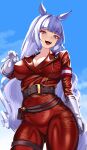  1girl :d alternate_costume animal_ears blue_sky blunt_bangs bodysuit breasts cleavage from_below gloves gold_ship_(umamusume) grey_hair highres horse_ears horse_girl large_breasts long_hair looking_at_viewer looking_down purple_eyes red_bodysuit skin_tight sky smile solo umamusume v volyz white_gloves 