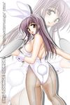  animal_ears ass back-seamed_legwear breasts bunny bunny_ears bunnysuit copyright_request covered_nipples fishnet_pantyhose fishnets from_behind large_breasts long_hair looking_back pantyhose purple_hair seamed_legwear solo tomoya_kankurou zipper zoom_layer 