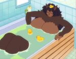 anthro bathtub big_breasts black_hair black_nose bottle breasts brown_body brown_fur canid canine canis container eyes_closed female fenrie_(fenrir_brown) fenrir_brown fur hair hi_res huge_breasts inside mammal nude object_on_head partially_submerged rubber_duck sitting smile solo toy water wolf