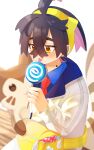  1boy black_hair blue_shirt blush candy candy_wrapper collared_shirt colored_inner_hair commentary_request crossed_bangs fanny_pack food furret hair_between_eyes hairband highres holding holding_candy holding_food holding_lollipop jacket kieran_(pokemon) lollipop long_sleeves looking_down male_focus mole mole_on_neck multicolored_hair necktie ninkou_tan pokemon pokemon_(creature) pokemon_sv red_necktie shirt tongue tongue_out white_background white_jacket yellow_bag yellow_hairband 