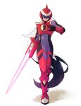  1boy alcedon3848 arm_blade armor assault_visor black_bodysuit black_hair bodysuit breastplate emblem energy_blade full_body grey_bodysuit helmet highres long_hair looking_at_viewer mega_man_(series) mega_man_battle_network_(series) multicolored_hair protoman.exe red_bodysuit red_helmet solo standing weapon white_hair 