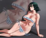  1girl absurdres arm_support bikini breasts frilled_bikini frills fubuki_(one-punch_man) green_hair highres large_breasts lips navel one-punch_man revealing_clothes side-tie_bikini_bottom strapless strapless_bikini swimsuit ultrabinou white_bikini zoom_layer 