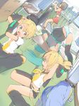  3girls akinbo_(hyouka_fuyou) alternate_hairstyle armpits brother_and_sister contortion everyone flexible hatsune_miku kagamine_len kagamine_rin kaito meiko multiple_boys multiple_girls panties siblings sleeping striped striped_panties thighhighs twins underwear vocaloid 