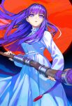  absurdres breasts cowboy_shot dress fern_(sousou_no_frieren) highres holding holding_staff huge_moon long_hair looking_at_viewer marc_brunet moon parted_lips purple_eyes purple_hair red_moon sousou_no_frieren staff white_dress 