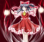  ascot black_hair bow closed_eyes desuno detached_sleeves eyebrows_visible_through_hair frilled_skirt frills hair_bow hair_tubes hakurei_reimu outstretched_arms red_bow red_skirt ribbon-trimmed_sleeves ribbon_trim skirt skirt_set solo standing touhou vest 