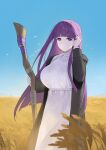  1girl absurdres alios_arvin black_coat blue_sky blunt_bangs breasts coat dress fern_(sousou_no_frieren) highres large_breasts long_hair long_sleeves looking_at_viewer open_clothes open_coat purple_eyes purple_hair sidelocks sky solo sousou_no_frieren staff wheat_field white_dress 