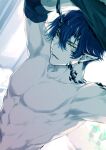  1boy arknights black_hair flamebringer_(arknights) highres horns male_focus open_mouth pointy_ears scar scar_on_chest toriyoshi undressing upper_body 