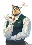  1boy artist_request bara beard blush cowboy_shot dog_boy english_text facial_hair full_beard furry furry_male gloves highres limp_wrist looking_at_viewer male_focus mature_male muscular muscular_male necktie original short_hair solo standing thick_eyebrows vest 