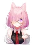  1girl absurdres animal_ear_fluff animal_ears black-framed_eyewear black_shirt blush cat_ears closed_mouth cropped_arms cropped_torso fate/grand_order fate_(series) frown glasses grey_sleeves harukappa highres kemonomimi_mode long_sleeves mash_kyrielight medium_hair necktie pink_hair purple_eyes red_necktie shirt simple_background sleeveless sleeveless_shirt solo straight_hair upper_body white_background wing_collar 