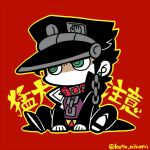  1boy black_coat black_hair black_pants chain chibi chibi_only coat collar full_body green_eyes hat jojo_no_kimyou_na_bouken kotorai kujo_jotaro male_focus no_mouth no_nose outline pants purple_shirt red_background ringed_eyes shirt sitting solo spiked_collar spikes translation_request twitter_username yellow_outline 