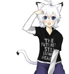  adjusting_hair ahoge animal_ears between_thighs cat_ears clothes_writing looking_up open_mouth original shirt solo t-shirt tail takano_saki white_hair 