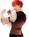 1boy absurdres alternate_costume artist_name black_pants black_vest eeju emiya_shirou fang fate/grand_order fate_(series) highres looking_at_viewer looking_back male_focus mouth_hold notice_lines object_request pants red_hair senji_muramasa_(fate) shirt short_hair simple_background solo tassel twitter_username vest white_background white_shirt yellow_eyes 