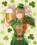  1girl absurdres artist_name aurora_(cynicalruins) beer_mug belt blue_eyes bouquet bow bowtie breasts bright_pupils clover commentary cup english_commentary eunie_(xenoblade) eyelashes floral_background glass green_bow green_bowtie green_flower hat head_wings highres holding holding_bouquet holding_cup large_breasts looking_at_viewer mug one_eye_closed saint_patrick&#039;s_day shamrock smile solo star-shaped_pupils star_(symbol) swept_bangs symbol-shaped_pupils teeth top_hat twitter_username white_pupils wings xenoblade_chronicles_(series) xenoblade_chronicles_3 