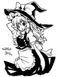  greyscale hand_on_headwear hat kirisame_marisa long_hair monochrome solo super_zombie touhou translated witch_hat 