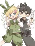  2boys alternate_costume basil_(faraway)_(omori) basil_(omori) black_bow black_hair black_pants blonde_hair blue_eyes blush bow cat closed_mouth expressionless flower green_bow green_shorts hair_flower hair_ornament highres holding holding_knife knife long_sleeves looking_at_viewer mewo mugi062 multiple_boys omori open_mouth pants short_hair shorts smile sunny_(omori) teeth upper_teeth_only 