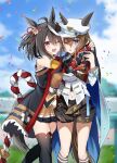  2girls ;d ;o ahoge animal_ears black_hair black_shorts black_socks black_thighhighs blue_cape blue_eyes blurry blurry_background brown_hair brown_skirt cape cheval_grand_(umamusume) confetti detached_sleeves ear_ribbon feet_out_of_frame flower_ornament hair_between_eyes hat hat_belt highres horse_ears horse_girl horse_tail jacket kitasan_black_(umamusume) kouhaku_nawa long_sleeves looking_at_viewer midriff multicolored_hair multiple_girls navel one_eye_closed peaked_cap red_eyes red_ribbon ribbon rope sb_(akagikeai) shimenawa short_hair shorts skirt smile socks streaked_hair tail thighhighs umamusume white_hair white_headwear white_jacket 