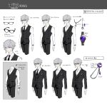  1boy adjusting_eyewear amamiya_kei asymmetrical_sidelocks black_jacket black_necktie black_pants black_suit black_vest chain_necklace collared_shirt cropped_legs earrings formal glasses grey_hair highres jacket jewelry koshika_rina lapel_pin long_sleeves looking_at_viewer male_focus multiple_views necklace necktie nekonote_(vtuber) official_art open_collar pants pinstripe_pants pinstripe_pattern pinstripe_suit purple_eyes reference_sheet shirt short_hair simple_background smile solo striped_clothes striped_jacket striped_pants striped_vest suit suit_jacket swept_bangs tachi-e transparent_background tuxedo variations vertical-striped_clothes vertical-striped_jacket vertical-striped_pants vertical-striped_vest vest virtual_youtuber watch white_background white_shirt wristwatch 