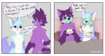 2024 anthro artist_name blue_body blue_fur blush canid canine cucumber dialogue digital_drawing_(artwork) digital_media_(artwork) english_text food fox fruit fur holding_food holding_object holding_plate mammal plant purple_body purple_fur speech_bubble spraykitty text under_covers